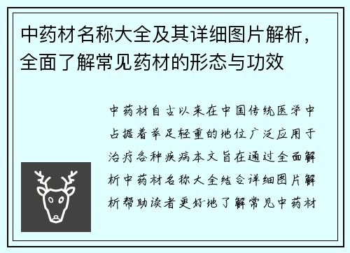 中药材名称大全及其详细图片解析，全面了解常见药材的形态与功效