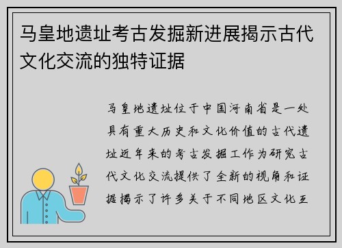 马皇地遗址考古发掘新进展揭示古代文化交流的独特证据
